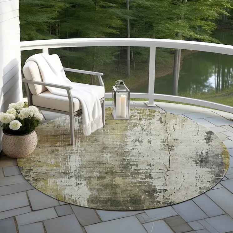 8' Pewter And Ivory Round Abstract Washable Indoor Outdoor Area Rug