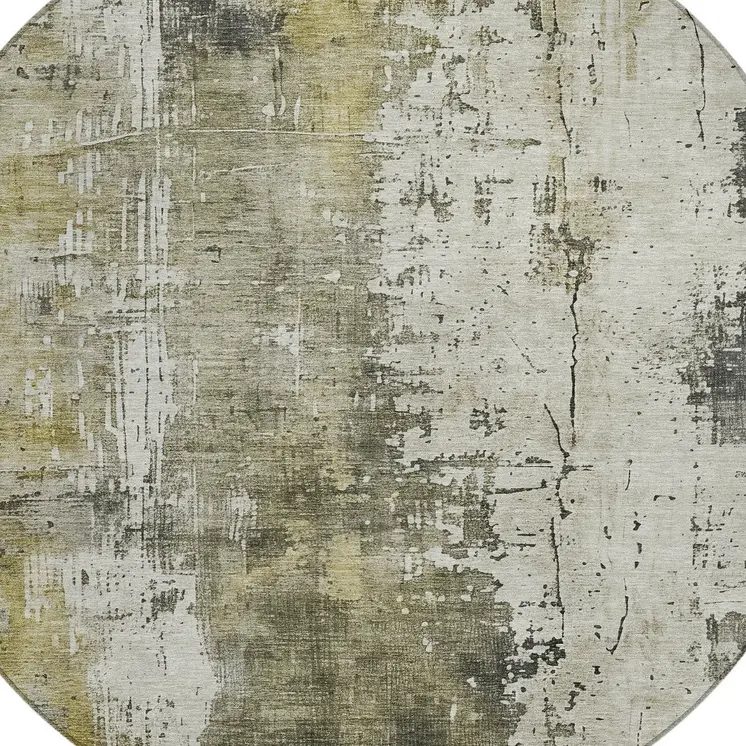 8' Pewter And Ivory Round Abstract Washable Indoor Outdoor Area Rug