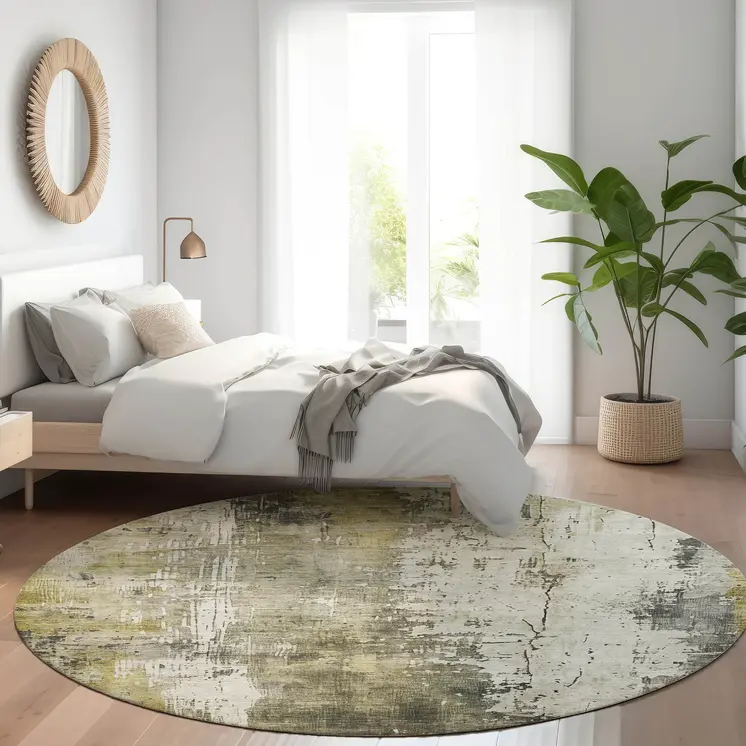 8' Pewter And Ivory Round Abstract Washable Indoor Outdoor Area Rug