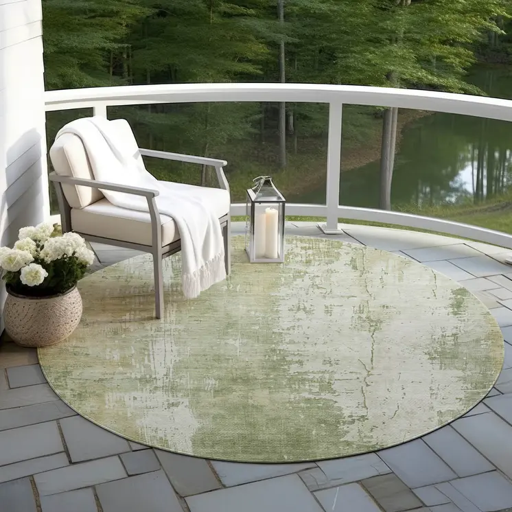 8' Sage And Ivory Round Abstract Washable Indoor Outdoor Area Rug