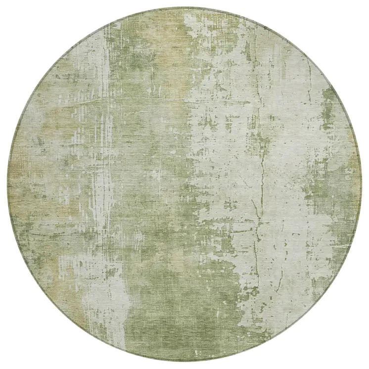 8' Sage And Ivory Round Abstract Washable Indoor Outdoor Area Rug