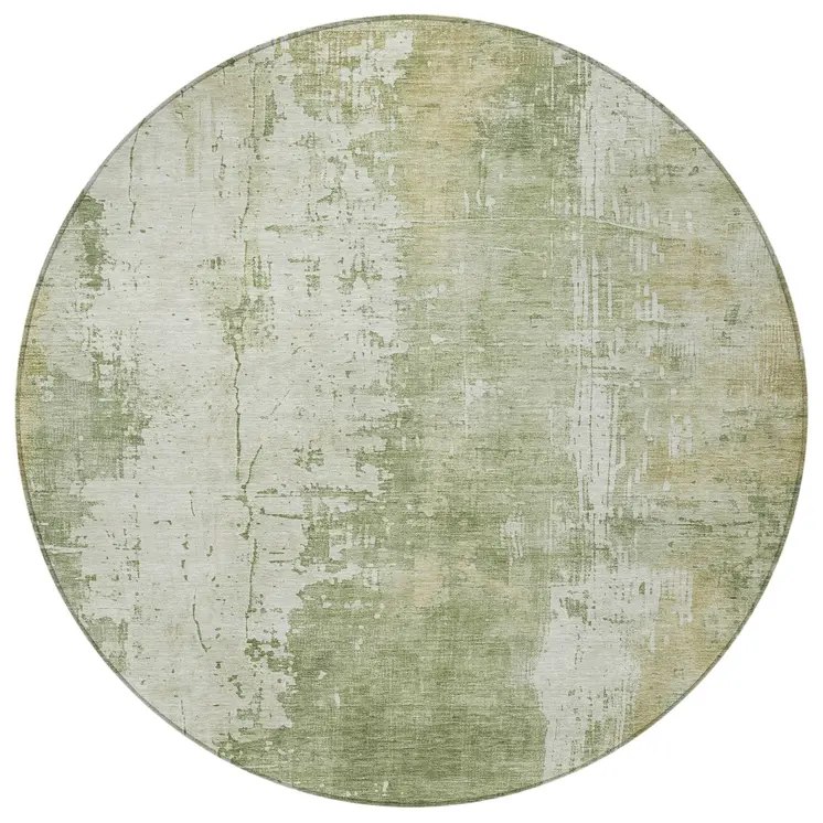 8' Sage And Ivory Round Abstract Washable Indoor Outdoor Area Rug