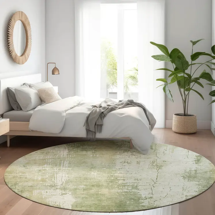 8' Sage And Ivory Round Abstract Washable Indoor Outdoor Area Rug