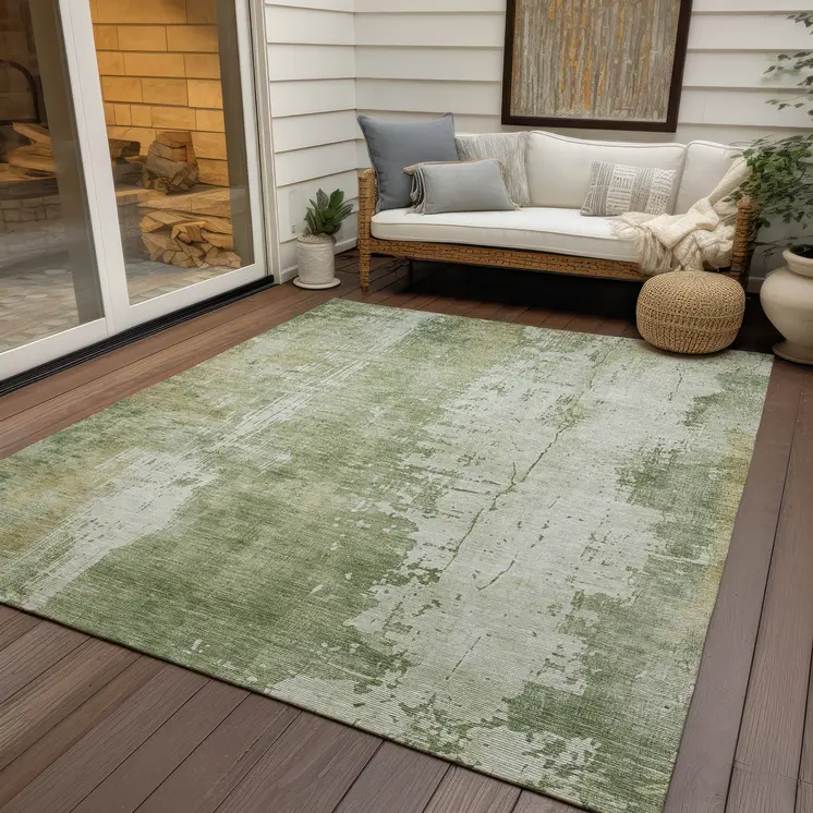 10' X 14' Sage And Ivory Abstract Washable Indoor Outdoor Area Rug