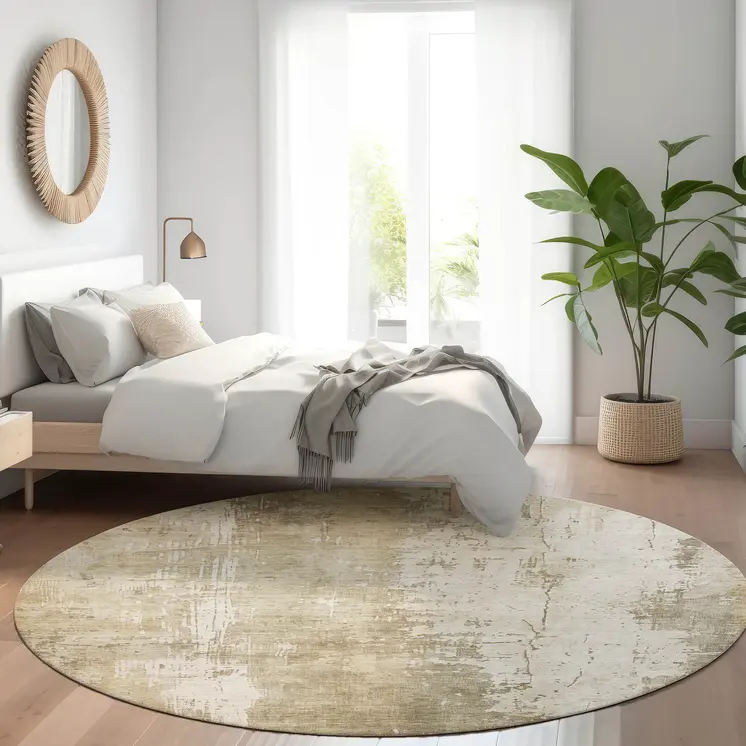 8' Taupe And Ivory Round Abstract Washable Indoor Outdoor Area Rug