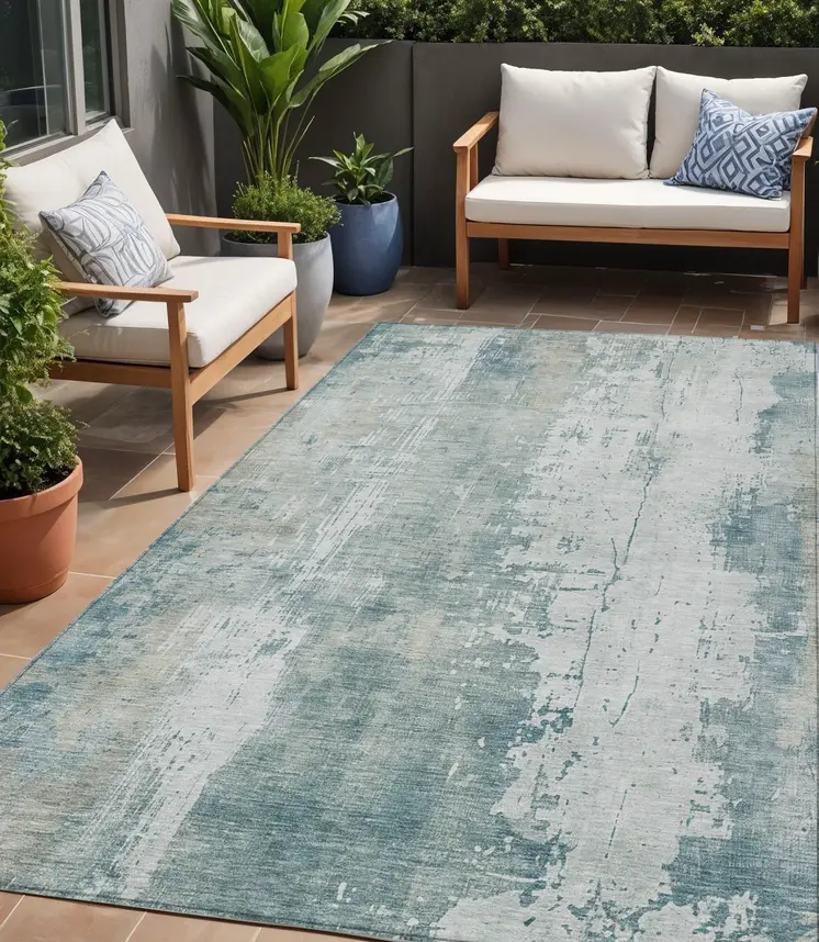 5' X 8' Turquoise And Ivory Abstract Washable Indoor Outdoor Area Rug