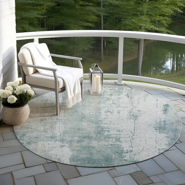 8' Turquoise And Ivory Round Abstract Washable Indoor Outdoor Area Rug