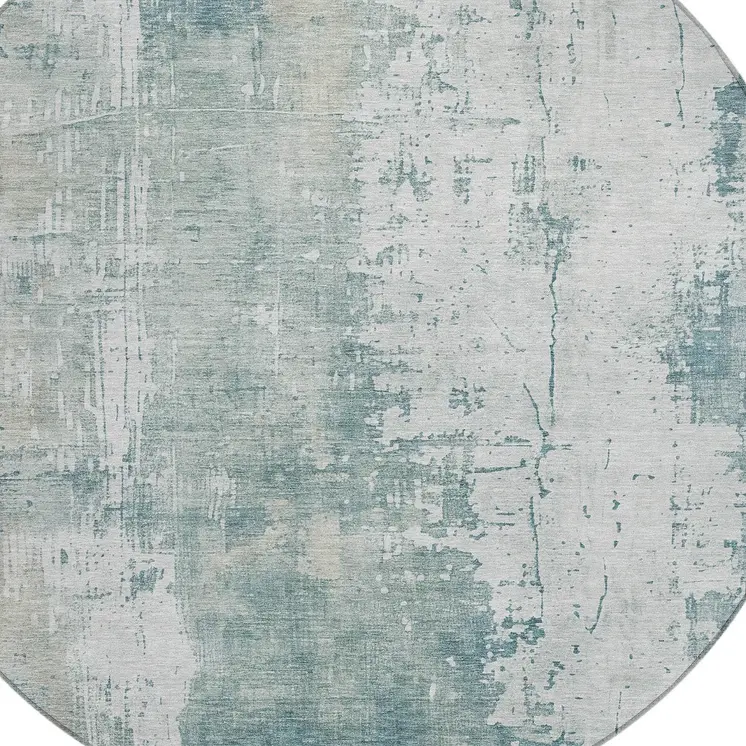 8' Turquoise And Ivory Round Abstract Washable Indoor Outdoor Area Rug