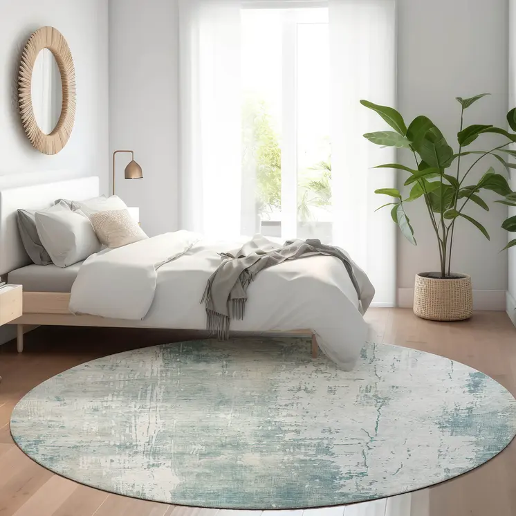 8' Turquoise And Ivory Round Abstract Washable Indoor Outdoor Area Rug