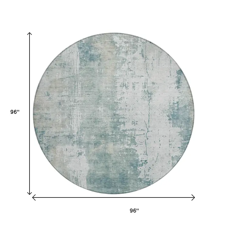 8' Turquoise And Ivory Round Abstract Washable Indoor Outdoor Area Rug