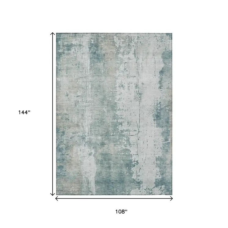 9' X 12' Turquoise And Ivory Abstract Washable Indoor Outdoor Area Rug