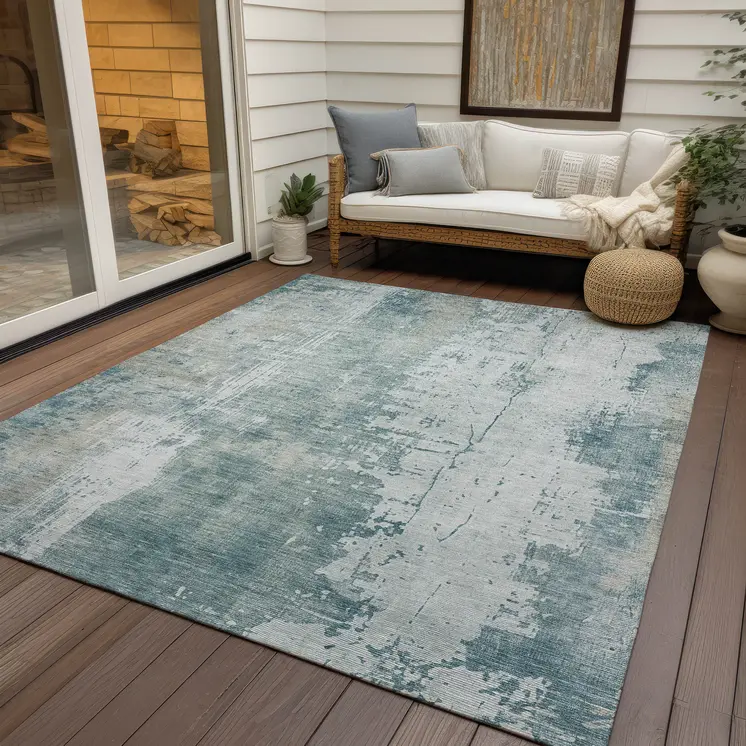9' X 12' Turquoise And Ivory Abstract Washable Indoor Outdoor Area Rug