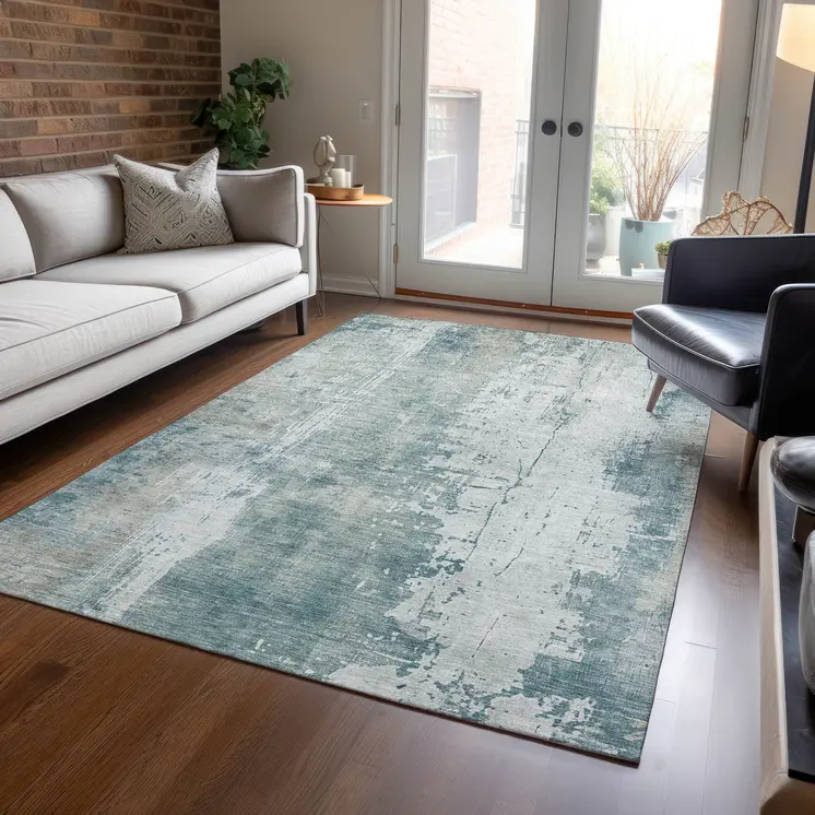 9' X 12' Turquoise And Ivory Abstract Washable Indoor Outdoor Area Rug