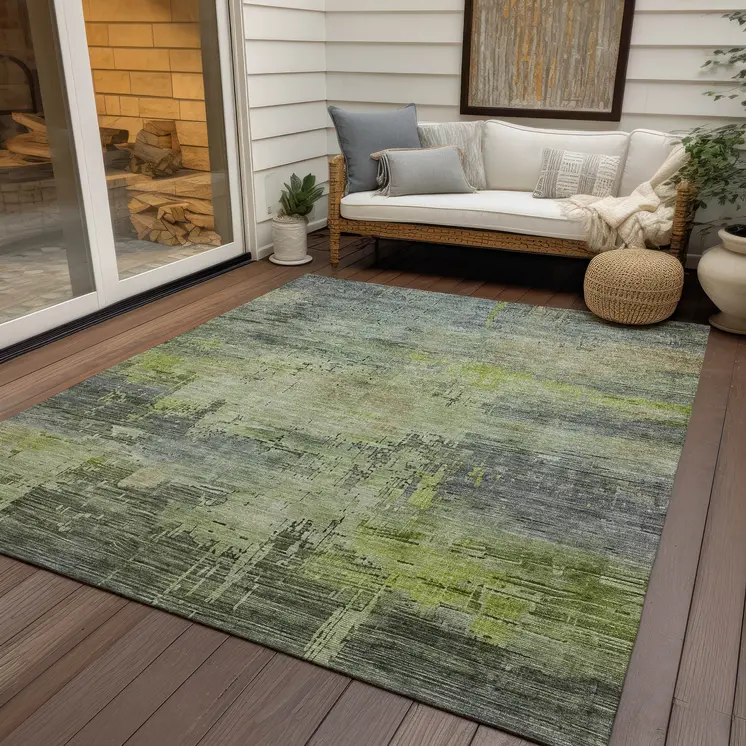 3' X 5' Artichoke Green And Charcoal Abstract Washable Indoor Outdoor Area Rug
