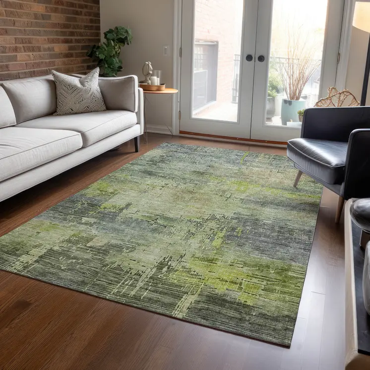 3' X 5' Artichoke Green And Charcoal Abstract Washable Indoor Outdoor Area Rug