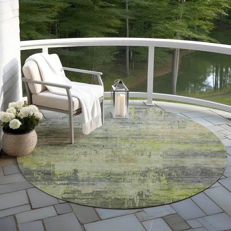 8' Artichoke Green And Charcoal Round Abstract Washable Indoor Outdoor Area Rug