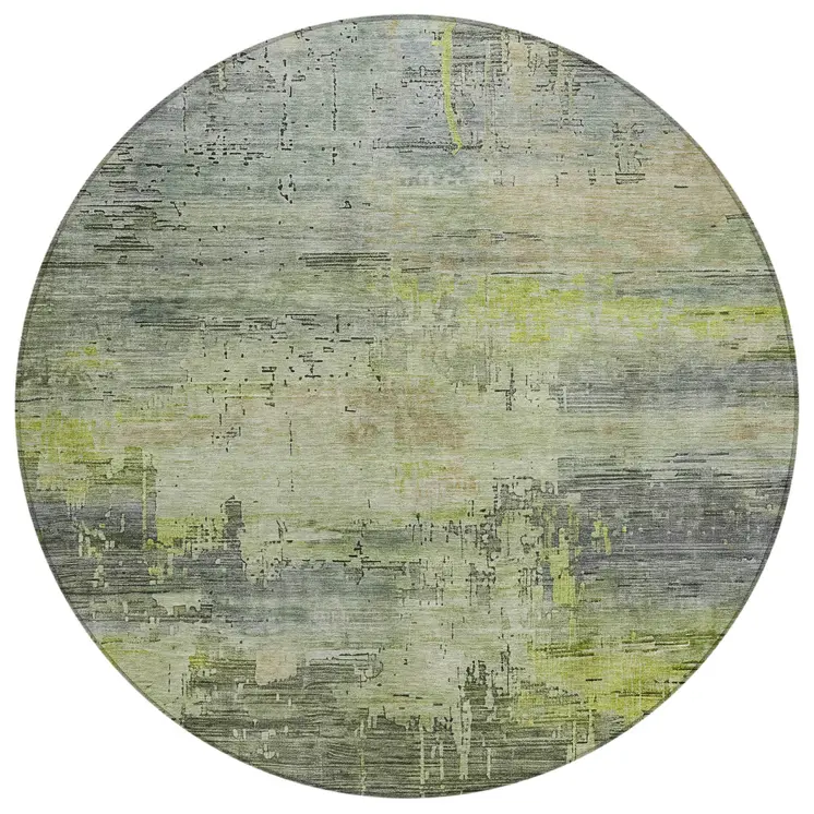 8' Artichoke Green And Charcoal Round Abstract Washable Indoor Outdoor Area Rug