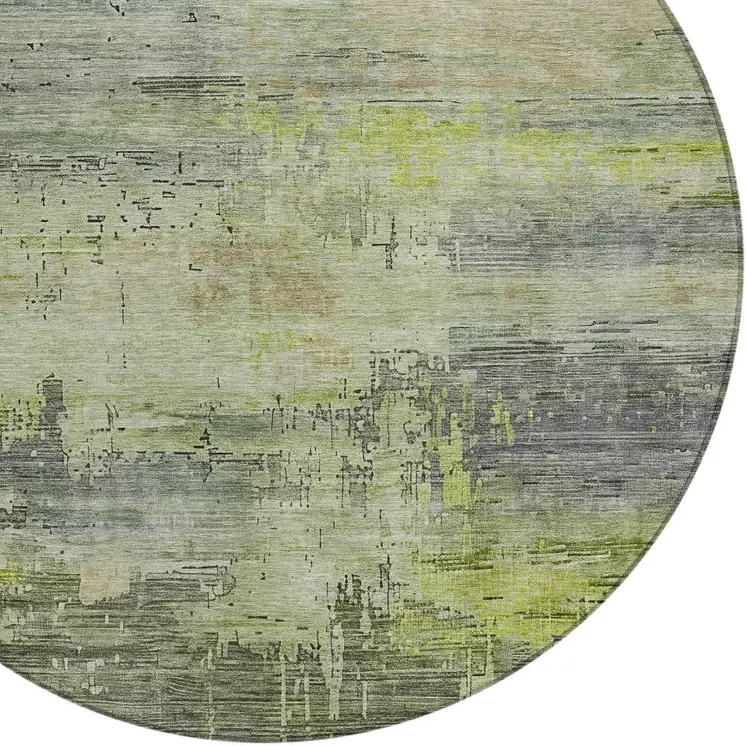 8' Artichoke Green And Charcoal Round Abstract Washable Indoor Outdoor Area Rug