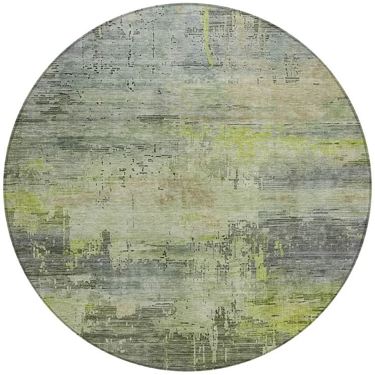 8' Artichoke Green And Charcoal Round Abstract Washable Indoor Outdoor Area Rug