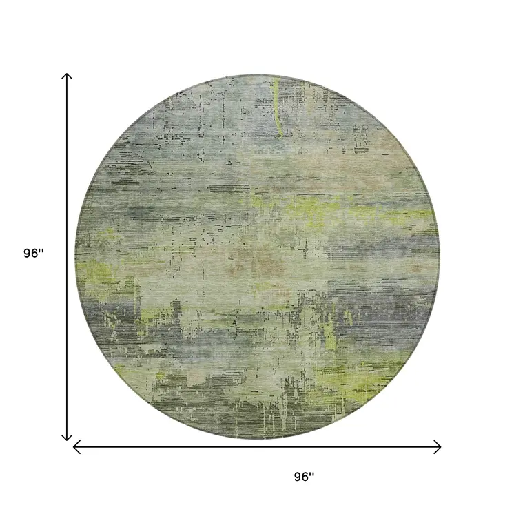 8' Artichoke Green And Charcoal Round Abstract Washable Indoor Outdoor Area Rug