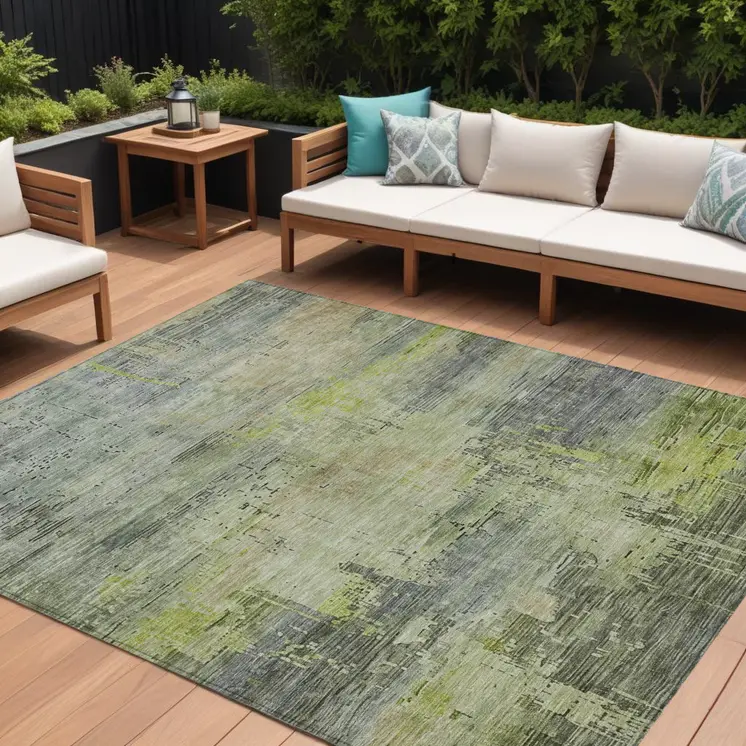 8' X 10' Artichoke Green And Charcoal Abstract Washable Indoor Outdoor Area Rug