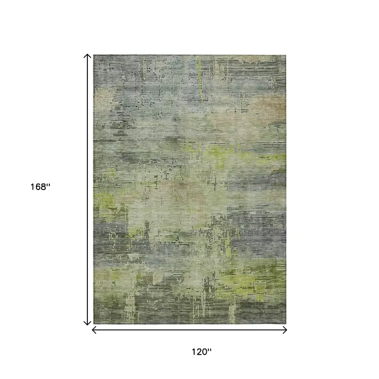 10' X 14' Artichoke Green And Charcoal Abstract Washable Indoor Outdoor Area Rug