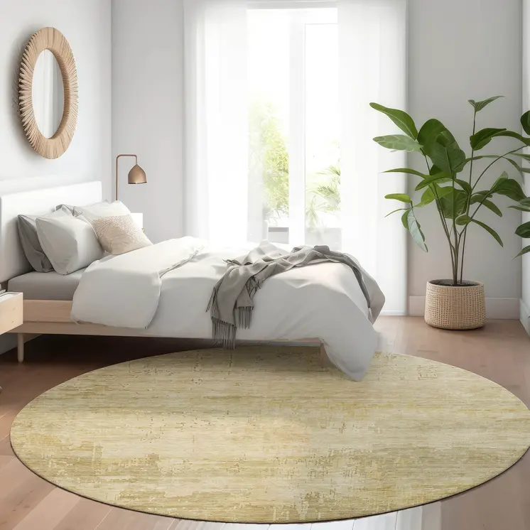 8' Beige And Wheat Round Abstract Washable Indoor Outdoor Area Rug
