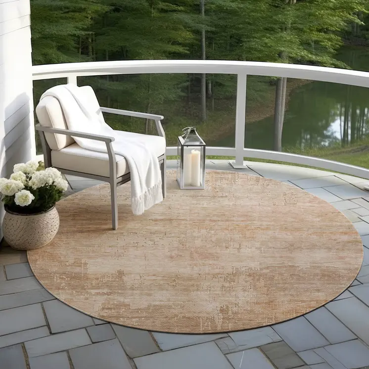 8' Coral And Beige Round Abstract Washable Indoor Outdoor Area Rug