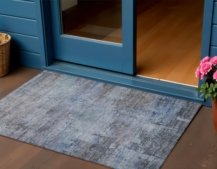 3' X 5' Gray And Blue Abstract Washable Indoor Outdoor Area Rug