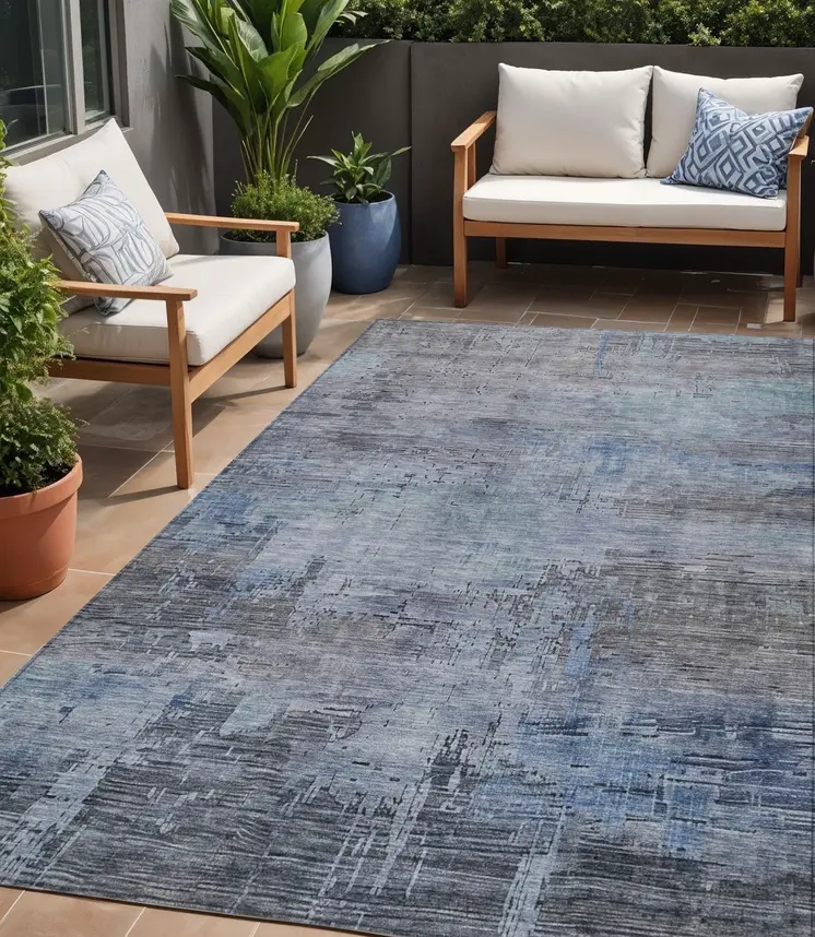 5' X 8' Gray And Blue Abstract Washable Indoor Outdoor Area Rug