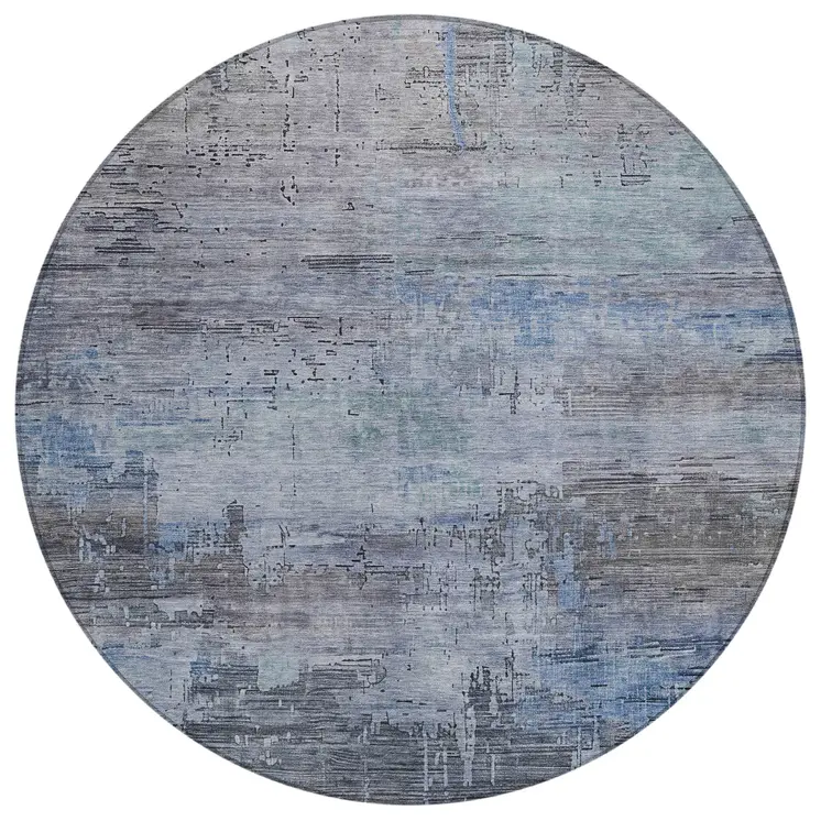8' Gray And Blue Round Abstract Washable Indoor Outdoor Area Rug
