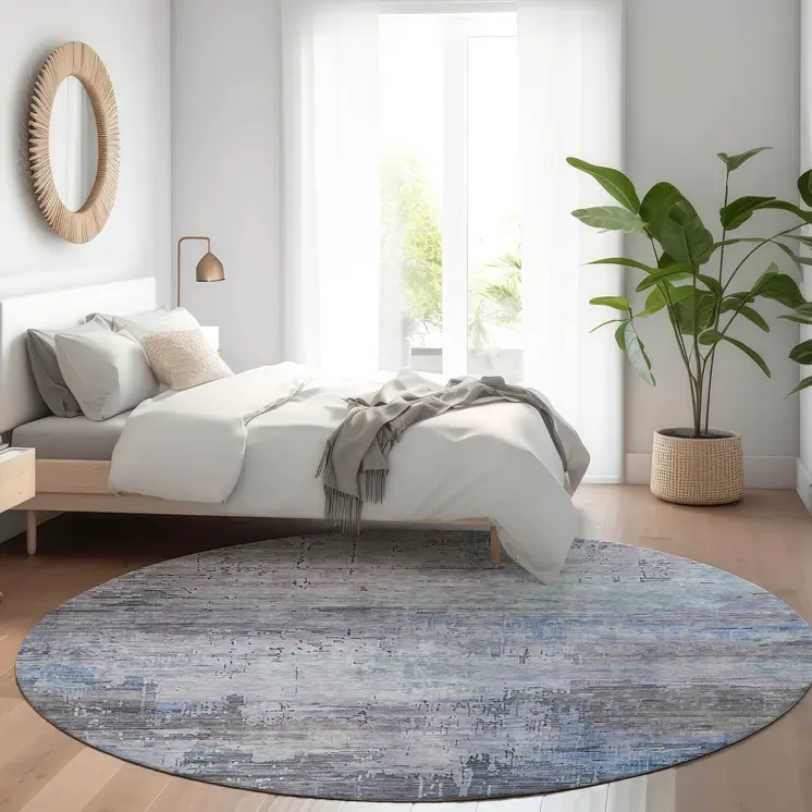 8' Gray And Blue Round Abstract Washable Indoor Outdoor Area Rug