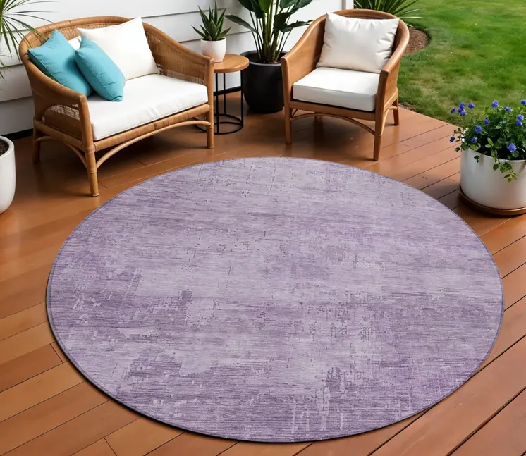 8' Lavender And Plum Round Abstract Washable Indoor Outdoor Area Rug