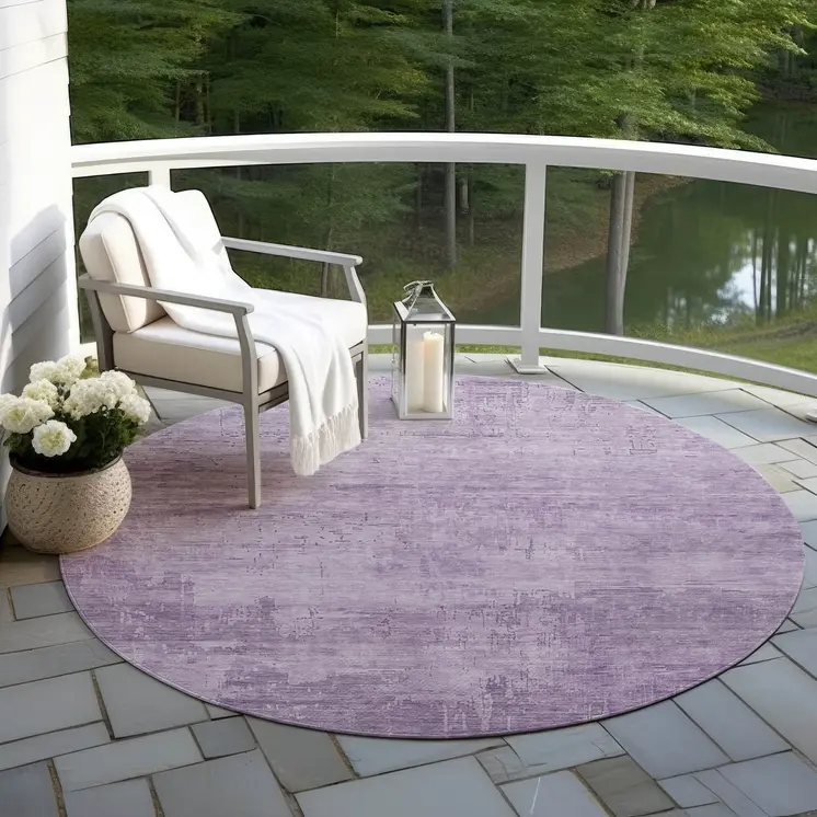 8' Lavender And Plum Round Abstract Washable Indoor Outdoor Area Rug