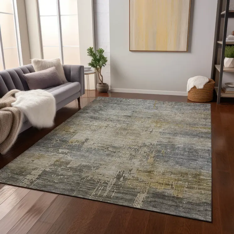 3' X 5' Pewter And Wheat Abstract Washable Indoor Outdoor Area Rug