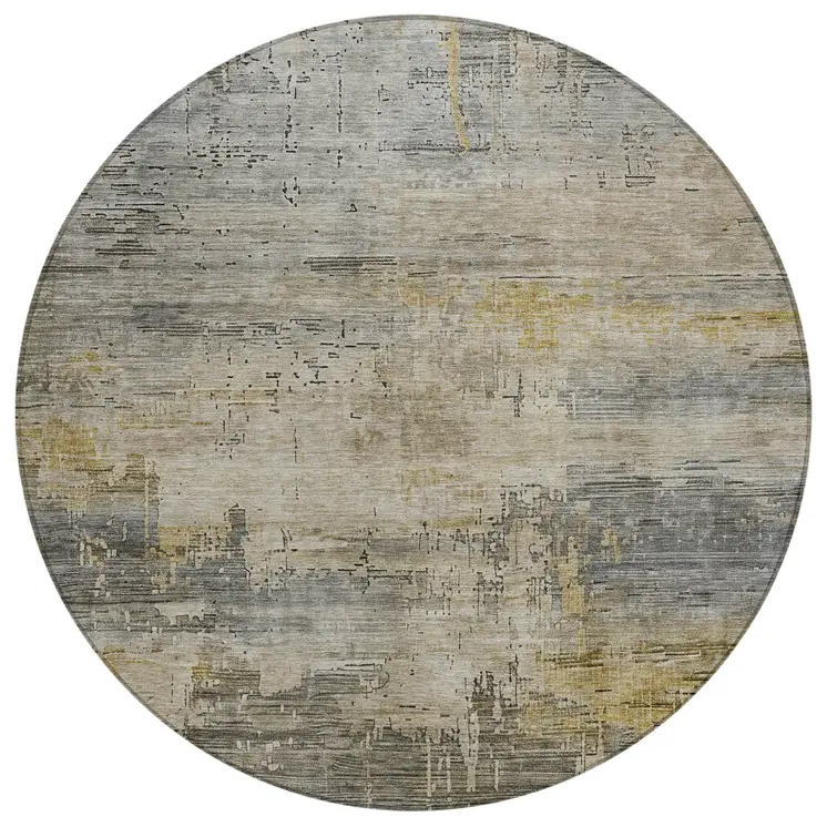 8' Pewter And Wheat Round Abstract Washable Indoor Outdoor Area Rug