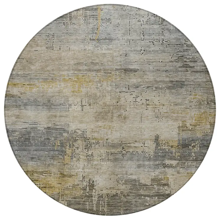 8' Pewter And Wheat Round Abstract Washable Indoor Outdoor Area Rug