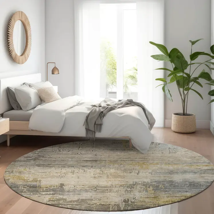 8' Pewter And Wheat Round Abstract Washable Indoor Outdoor Area Rug