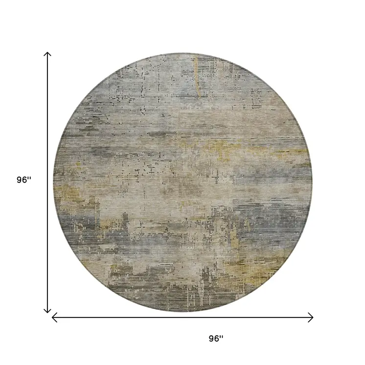 8' Pewter And Wheat Round Abstract Washable Indoor Outdoor Area Rug