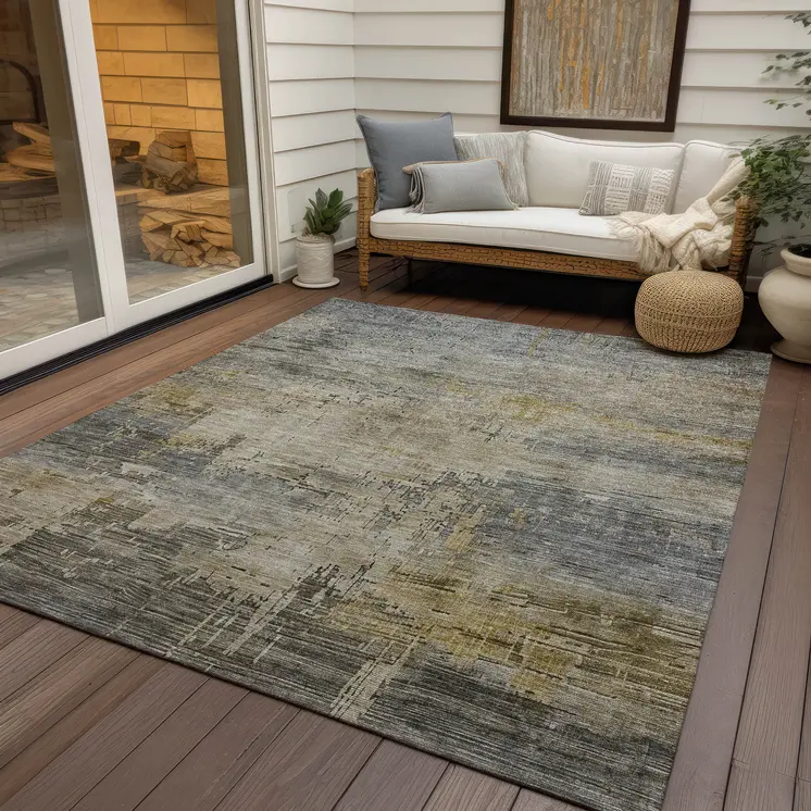 8' X 10' Pewter And Wheat Abstract Washable Indoor Outdoor Area Rug