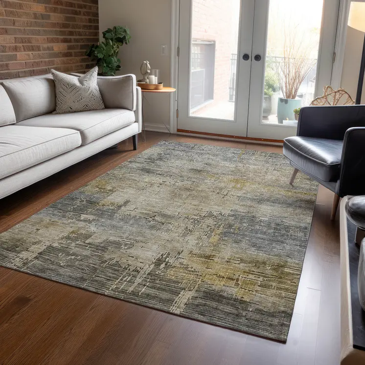 8' X 10' Pewter And Wheat Abstract Washable Indoor Outdoor Area Rug