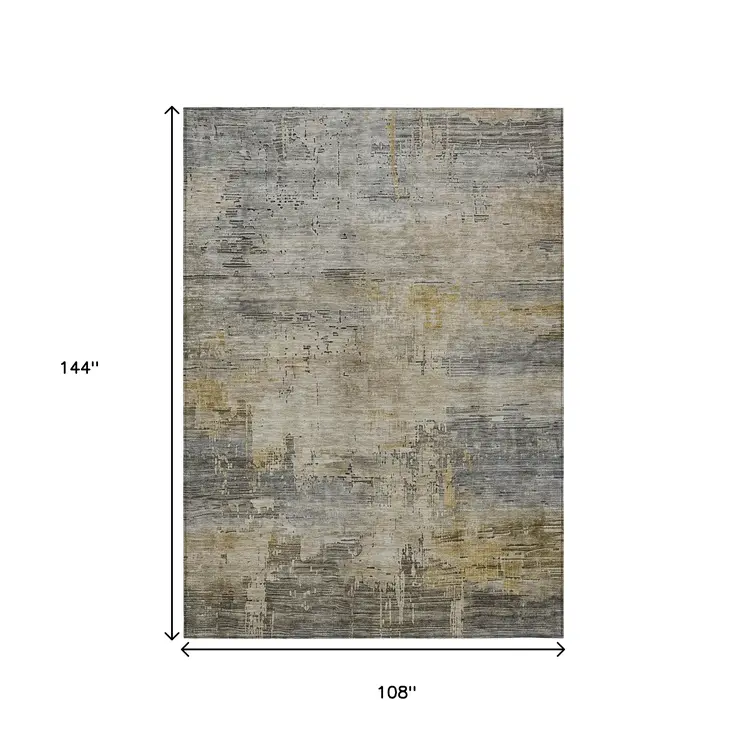 9' X 12' Pewter And Wheat Abstract Washable Indoor Outdoor Area Rug