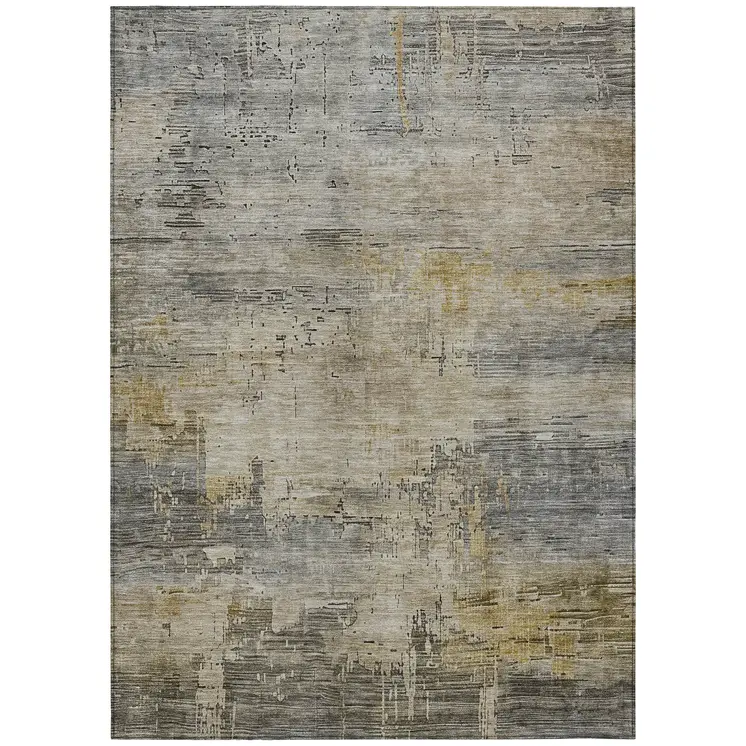 9' X 12' Pewter And Wheat Abstract Washable Indoor Outdoor Area Rug