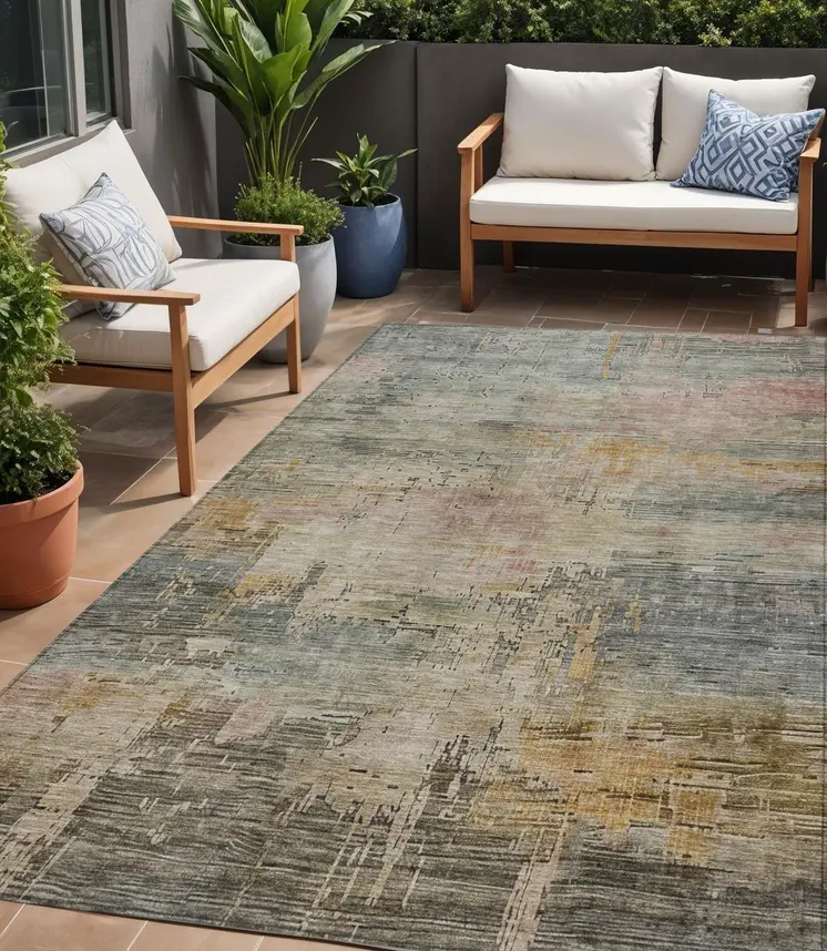 5' X 8' Sage And Beige Abstract Washable Indoor Outdoor Area Rug