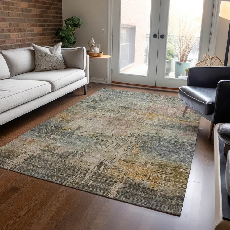 5' X 8' Sage And Beige Abstract Washable Indoor Outdoor Area Rug