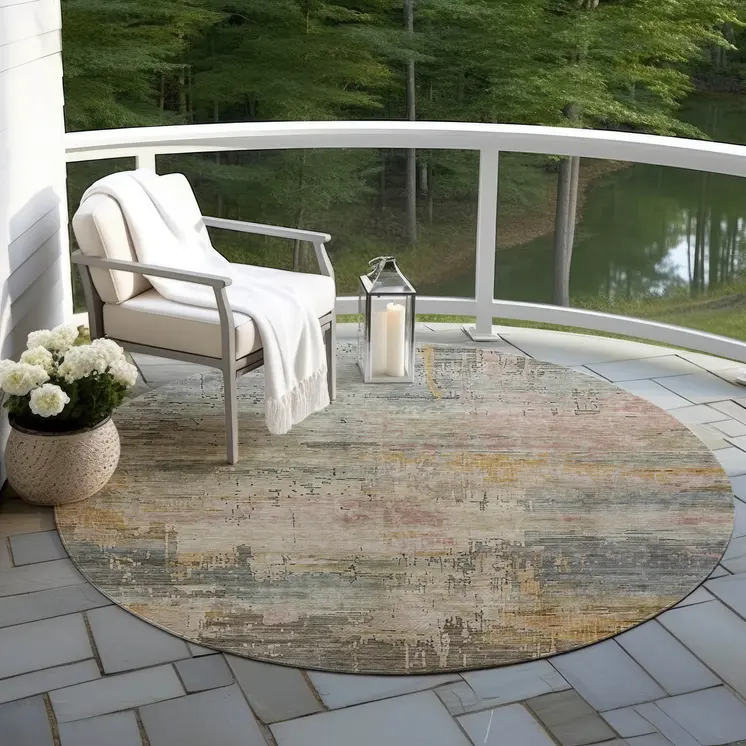 8' Sage And Beige Round Abstract Washable Indoor Outdoor Area Rug