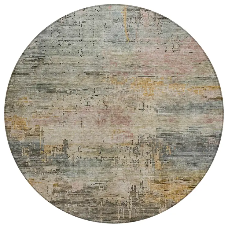 8' Sage And Beige Round Abstract Washable Indoor Outdoor Area Rug