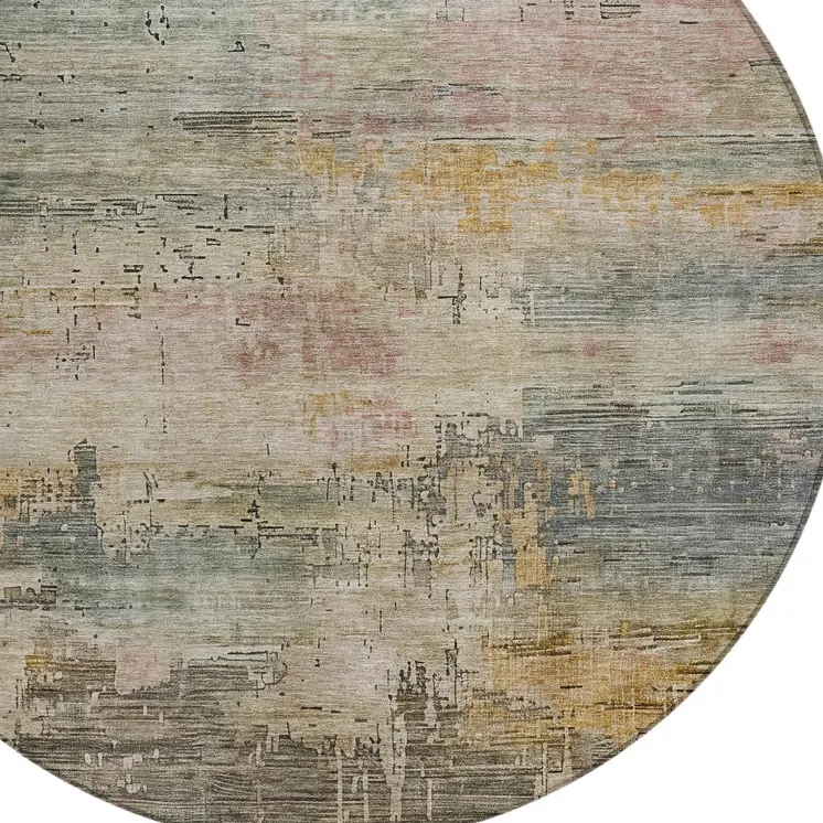 8' Sage And Beige Round Abstract Washable Indoor Outdoor Area Rug