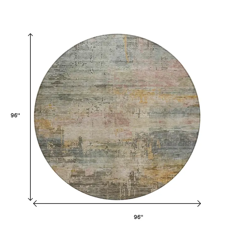 8' Sage And Beige Round Abstract Washable Indoor Outdoor Area Rug