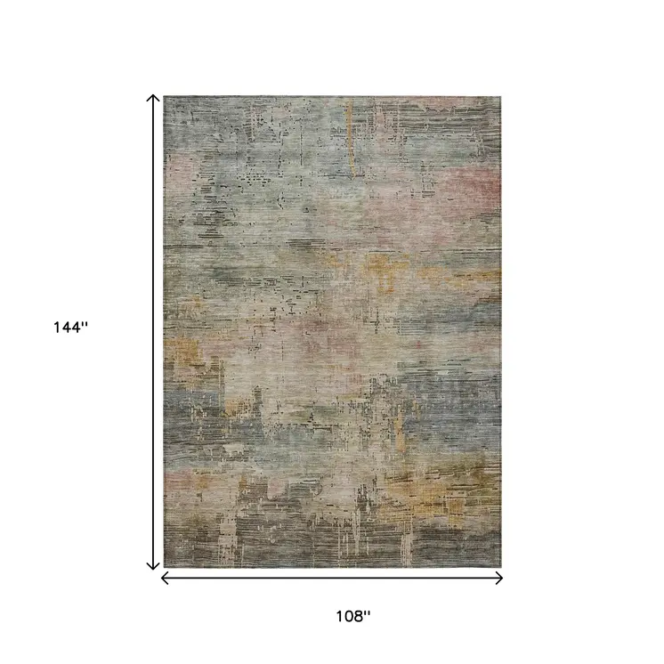9' X 12' Sage And Beige Abstract Washable Indoor Outdoor Area Rug